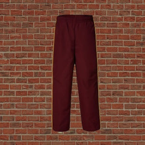 Track Pants maroon with gold piping.